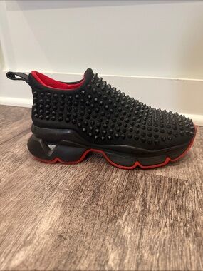 Kids Black Slip-On Studded Athletic Sneaker with Red Trim